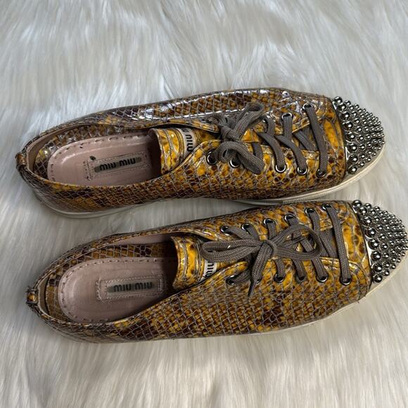 Miu Miu Yellow Python Print Leather Studded Toe Cap Sneakers - Picture 9 of 11